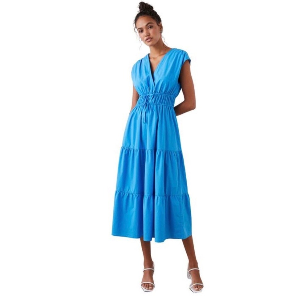 Rails Lucia Dress Pacific Blue V Neck Cap Sleeve Tiered Midi Drawstring Waist XS